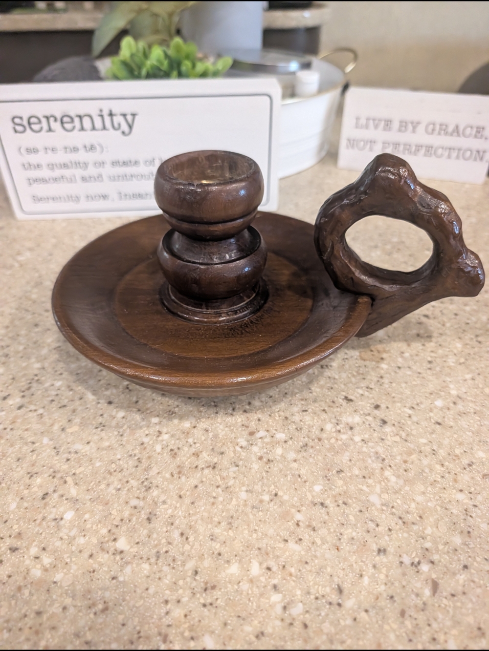 Vintage Carved Wooden Chamberstick Candle Holder - Brown